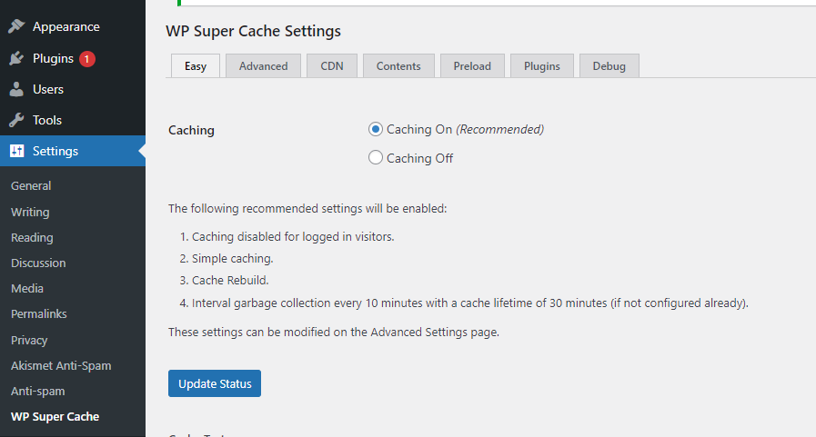 WP Super Cache Settings, Caching On